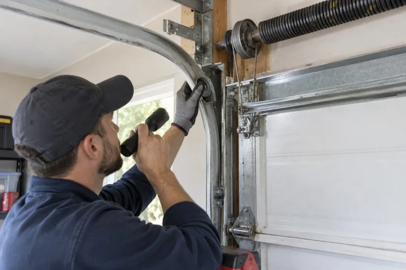 Technician inspecting garage door track and spring hardware