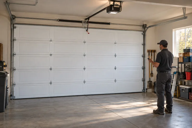 Technician completing a final operation check on a repaired garage door