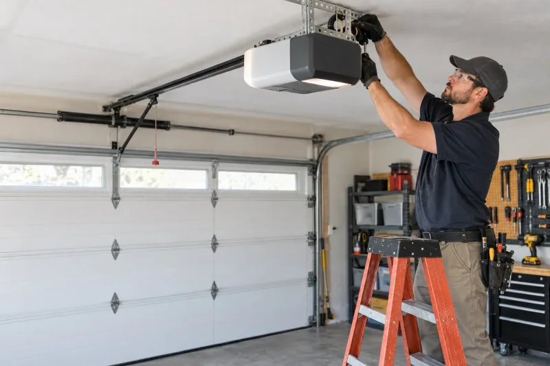 Technician working on a ceiling-mounted garage door opener
